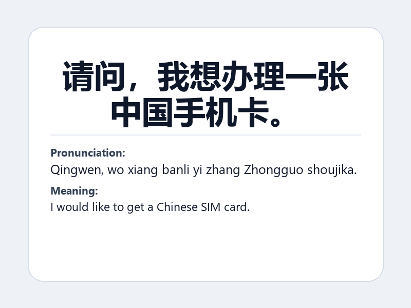 Phrase card: 请问,我想办理一张中国手机卡。 (Qingwen, wo xiang banli yi zhang Zhongguo shoujika.) - I would like to get a Chinese SIM card.