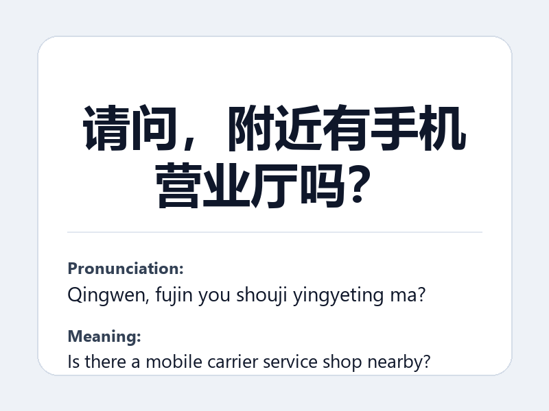 Phrase card: 请问,附近有手机营业厅吗? (Qingwen, fujin you shouji yingyeting ma?) - Is there a mobile carrier service shop nearby?