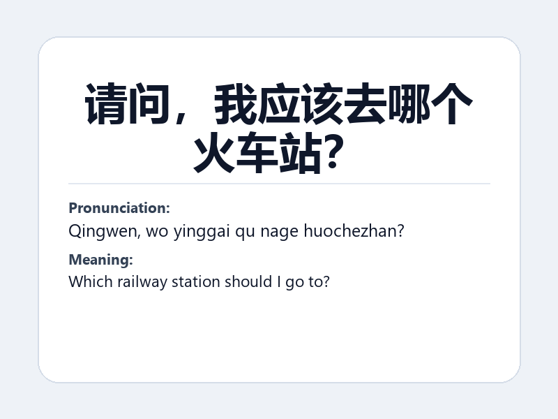 Phrase card: 请问,我应该去哪个火车站? (Qingwen, wo yinggai qu nage huochezhan?) - Which railway station should I go to?