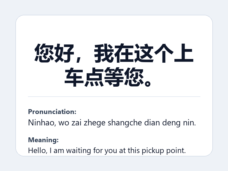 Phrase card: 您好,我在这个上车点等您。 (Ninhao, wo zai zhege shangche dian deng nin.) - Hello, I am waiting for you at this pickup point.