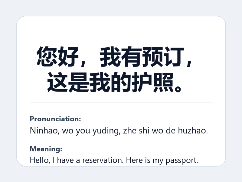 Phrase card: 您好,我有预订,这是我的护照。 (Ninhao, wo you yuding, zhe shi wo de huzhao.) - Hello, I have a reservation. Here is my passport.