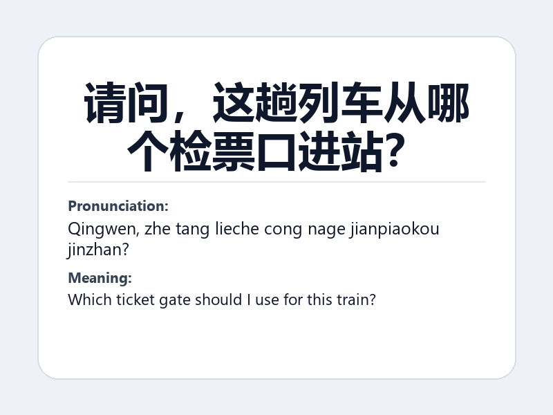 Phrase card: 请问，这趟列车从哪个检票口进站？ (Qingwen, zhe tang lieche cong nage jianpiaokou jinzhan?) - Which ticket gate should I use for this train?