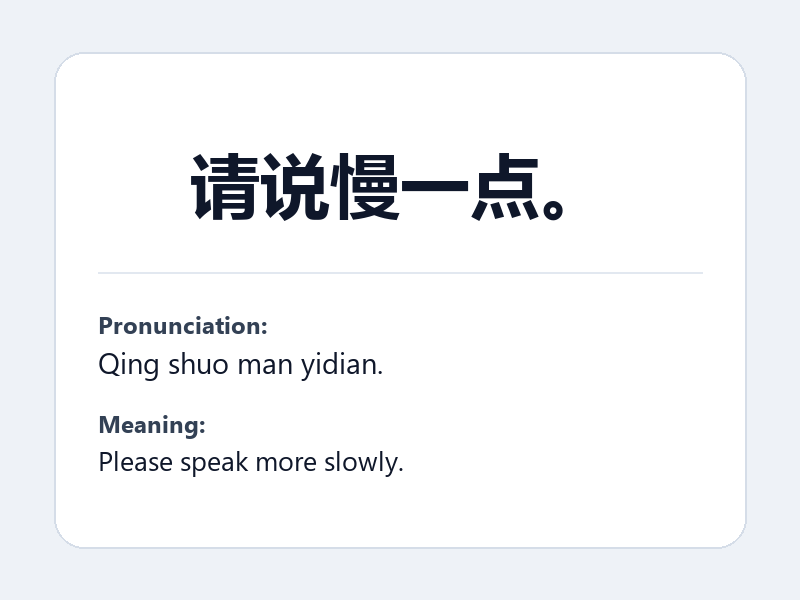 Phrase card: 请说慢一点。 (Qing shuo man yidian.) - Please speak more slowly.