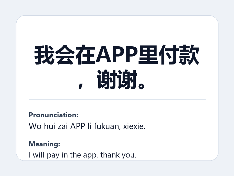 Phrase card: 我会在APP里付款,谢谢。 (Wo hui zai APP li fukuan, xiexie.) - I will pay in the app, thank you.