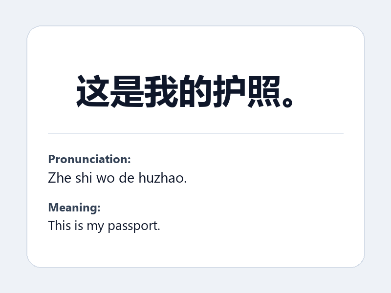 Phrase card: 这是我的护照。 (Zhe shi wo de huzhao.) - This is my passport.