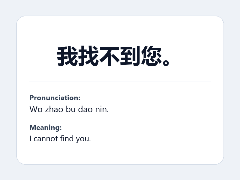 Phrase card: 我找不到您。 (Wo zhao bu dao nin.) - I cannot find you.