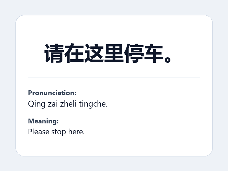 Phrase card: 请在这里停车。 (Qing zai zheli tingche.) - Please stop here.