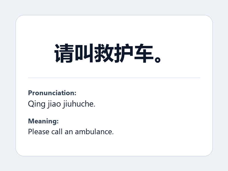 Phrase card: 请叫救护车。 (Qing jiao jiuhuche.) - Please call an ambulance.