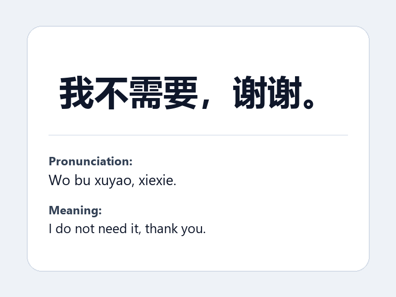 Phrase card: 我不需要，谢谢。 (Wo bu xuyao, xiexie.) - I do not need it, thank you.