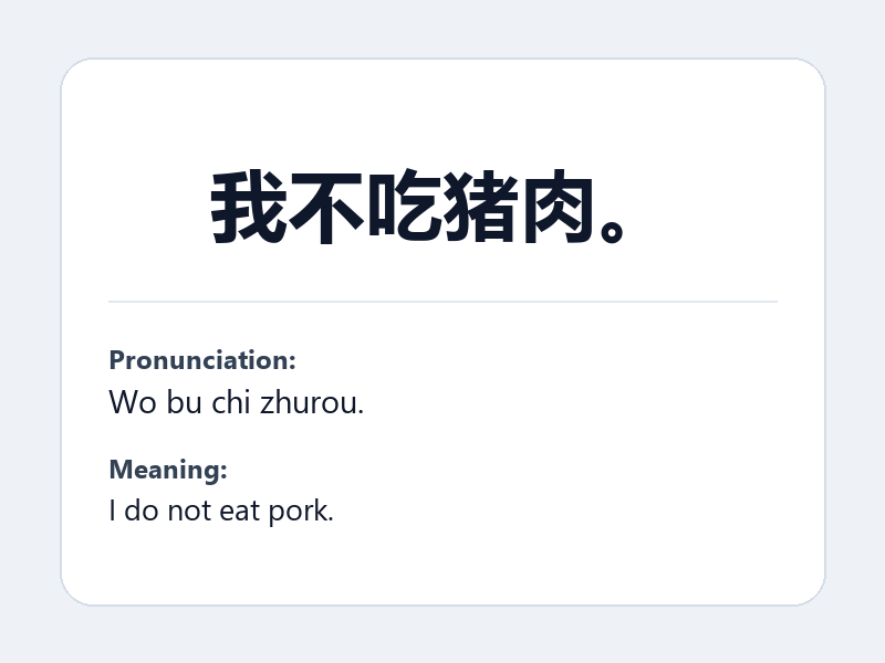 Phrase card: 我不吃猪肉。 (Wo bu chi zhurou.) - I do not eat pork.