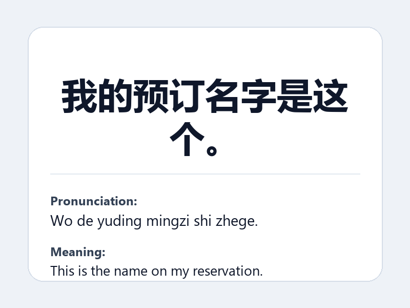 Phrase card: 我的预订名字是这个。 (Wo de yuding mingzi shi zhege.) - This is the name on my reservation.