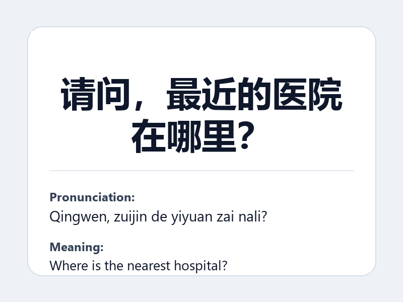 Phrase card: 请问，最近的医院在哪里？ (Qingwen, zuijin de yiyuan zai nali?) - Where is the nearest hospital?