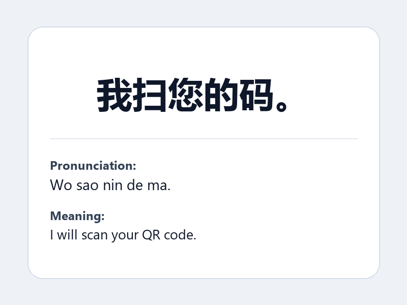 Phrase card: 我扫您的码。 (Wo sao nin de ma.) - I will scan your QR code.