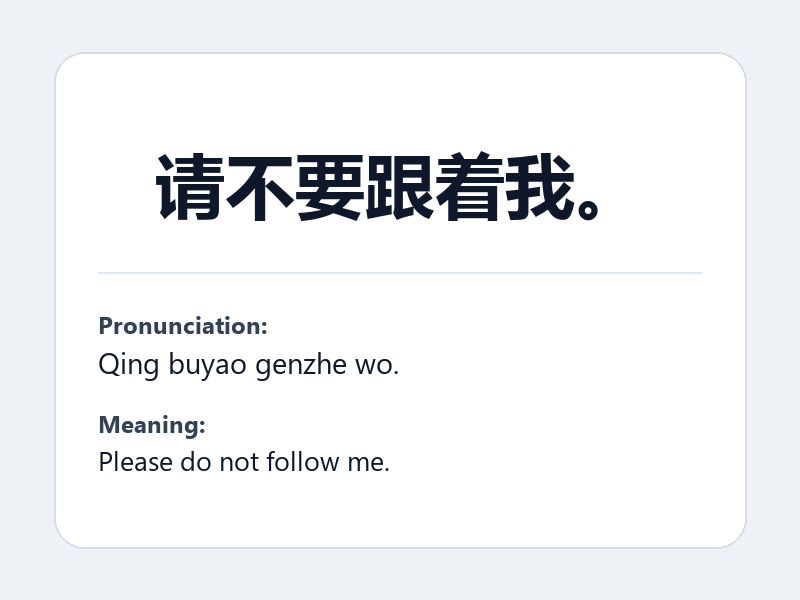 Phrase card: 请不要跟着我。 (Qing buyao genzhe wo.) - Please do not follow me.