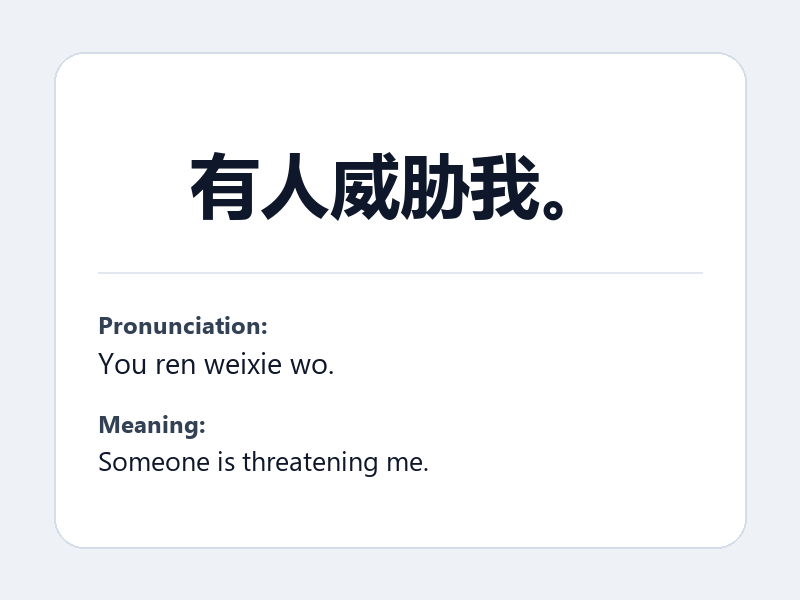 Phrase card: 有人威胁我。 (You ren weixie wo.) - Someone is threatening me.
