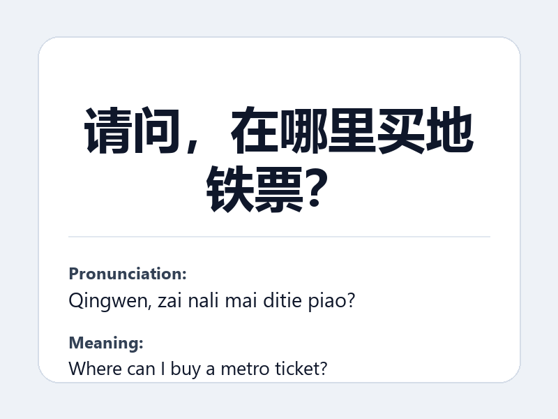 Phrase card: 请问，在哪里买地铁票？ (Qingwen, zai nali mai ditie piao?) - Where can I buy a metro ticket?