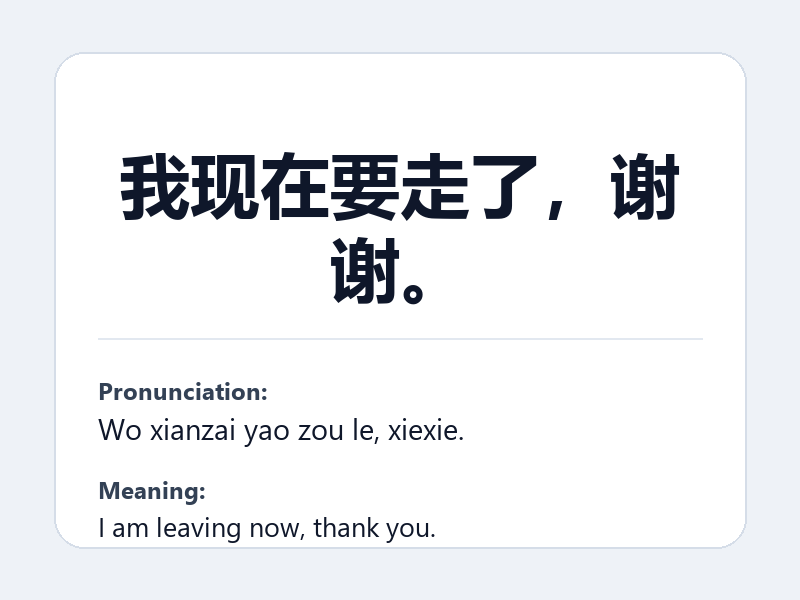 Phrase card: 我现在要走了，谢谢。 (Wo xianzai yao zou le, xiexie.) - I am leaving now, thank you.