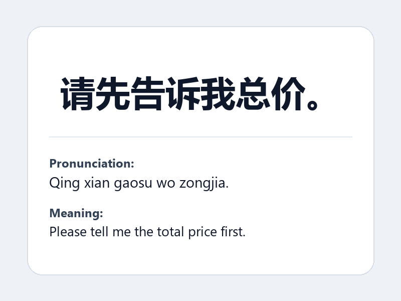 Phrase card: 请先告诉我总价。 (Qing xian gaosu wo zongjia.) - Please tell me the total price first.