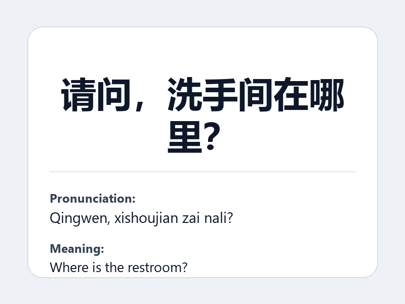 Phrase card: 请问，洗手间在哪里？ (Qingwen, xishoujian zai nali?) - Where is the restroom?