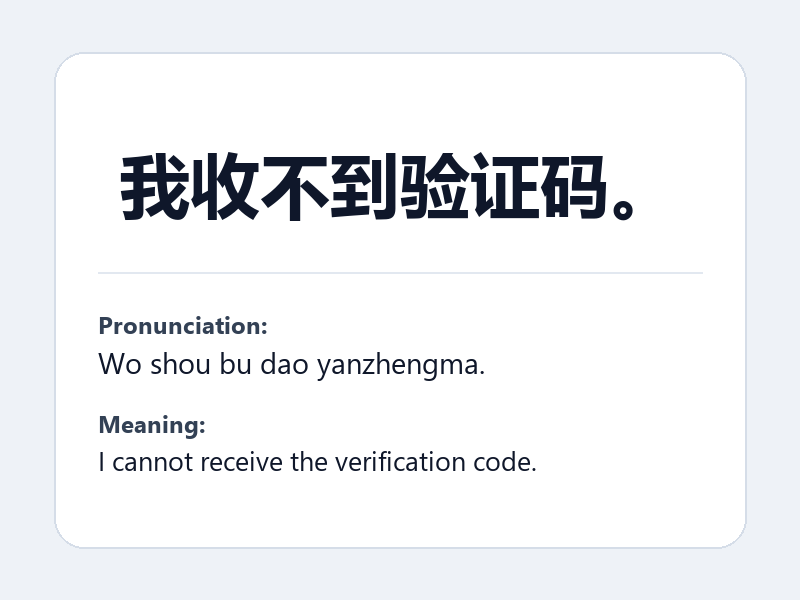 Phrase card: 我收不到验证码。 (Wo shou bu dao yanzhengma.) - I cannot receive the verification code.