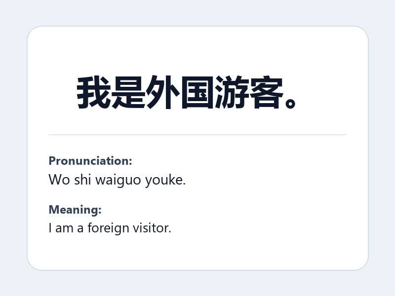 Phrase card: 我是外国游客。 (Wo shi waiguo youke.) - I am a foreign visitor.