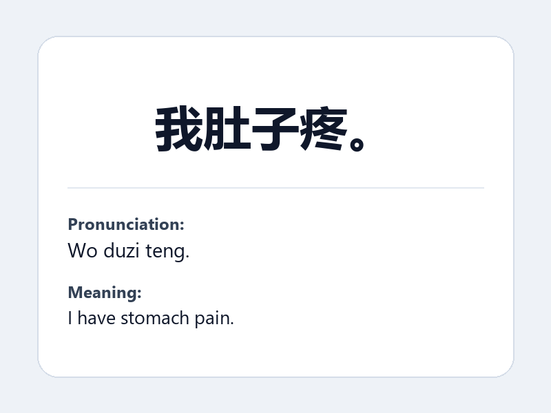 Phrase card: 我肚子疼。 (Wo duzi teng.) - I have stomach pain.