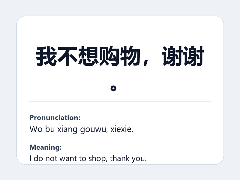 Phrase card: 我不想购物,谢谢。 (Wo bu xiang gouwu, xiexie.) - I do not want to shop, thank you.