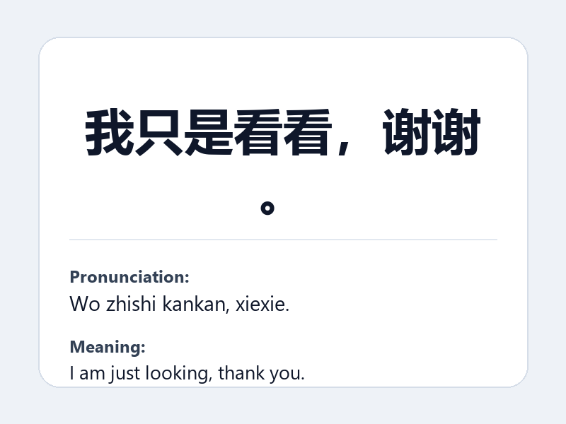 Phrase card: 我只是看看,谢谢。 (Wo zhishi kankan, xiexie.) - I am just looking, thank you.