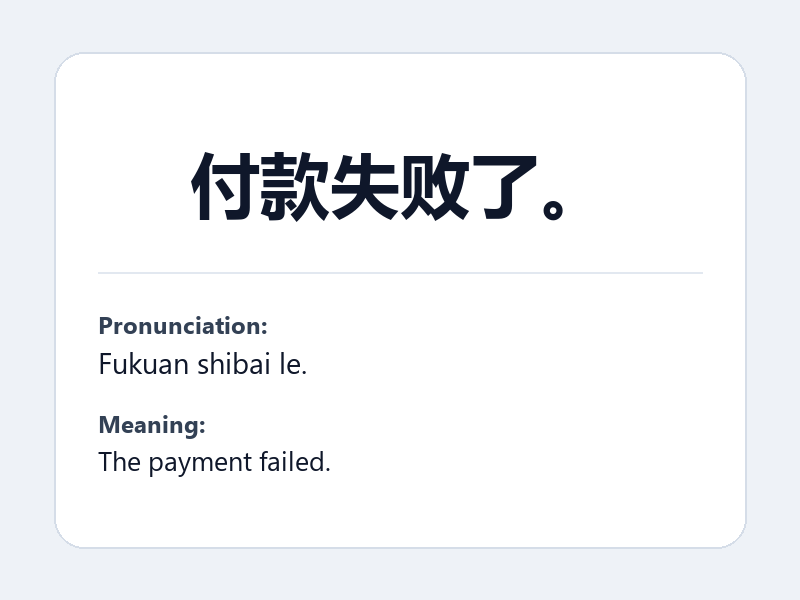 Phrase card: 付款失败了。 (Fukuan shibai le.) - The payment failed.