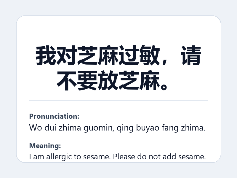 Phrase card: 我对芝麻过敏,请不要放芝麻。 (Wo dui zhima guomin, qing buyao fang zhima.) - I am allergic to sesame. Please do not add sesame.