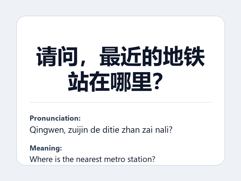 Phrase card: 请问，最近的地铁站在哪里？ (Qingwen, zuijin de ditie zhan zai nali?) - Where is the nearest metro station?