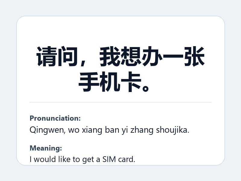 Phrase card: 请问,我想办一张手机卡。 (Qingwen, wo xiang ban yi zhang shoujika.) - I would like to get a SIM card.