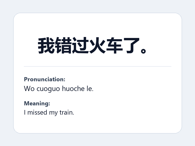 Phrase card: 我错过火车了。 (Wo cuoguo huoche le.) - I missed my train.