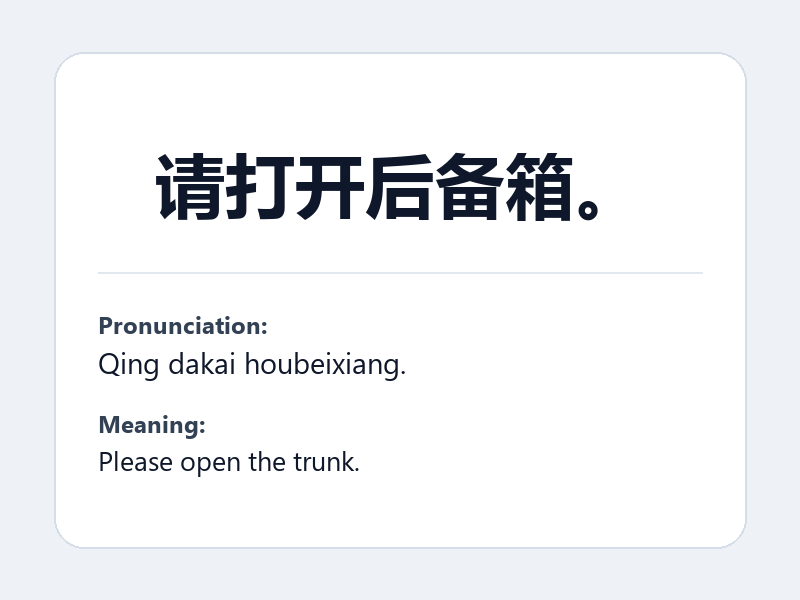Phrase card: 请打开后备箱。 (Qing dakai houbeixiang.) - Please open the trunk.