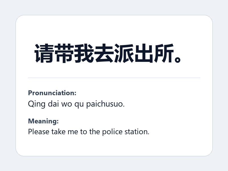 Phrase card: 请带我去派出所。 (Qing dai wo qu paichusuo.) - Please take me to the police station.