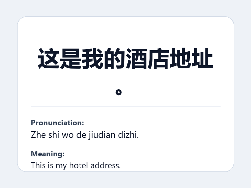 Phrase card: 这是我的酒店地址。 (Zhe shi wo de jiudian dizhi.) - This is my hotel address.