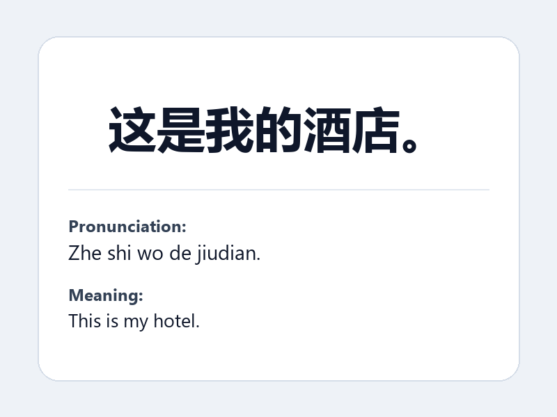 Phrase card: 这是我的酒店。 (Zhe shi wo de jiudian.) - This is my hotel.