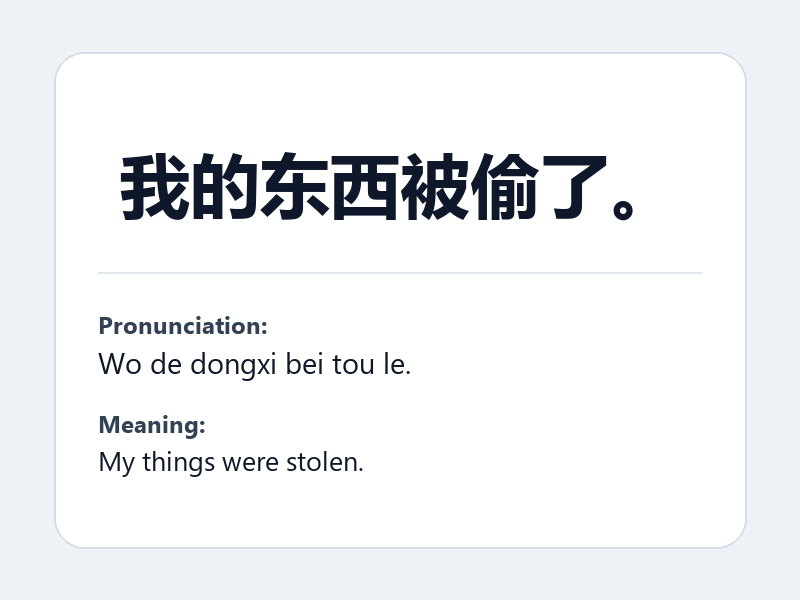Phrase card: 我的东西被偷了。 (Wo de dongxi bei tou le.) - My things were stolen.
