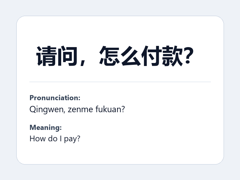 Phrase card: 请问,怎么付款? (Qingwen, zenme fukuan?) - How do I pay?