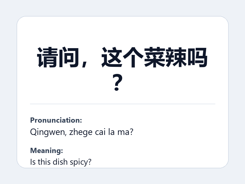 Phrase card: 请问,这个菜辣吗? (Qingwen, zhege cai la ma?) - Is this dish spicy?