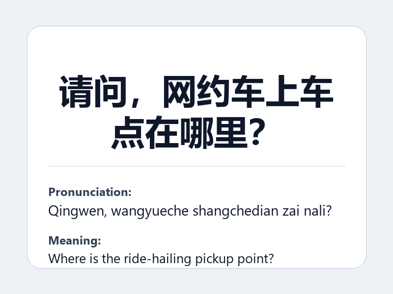 Phrase card: 请问,网约车上车点在哪里? (Qingwen, wangyueche shangchedian zai nali?) - Where is the ride-hailing pickup point?