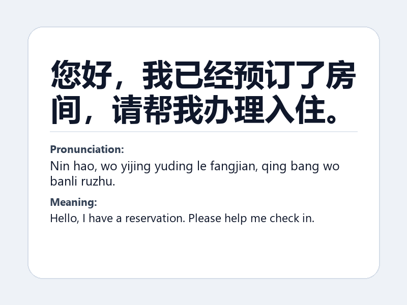 Phrase card: 您好,我已经预订了房间,请帮我办理入住。 (Nin hao, wo yijing yuding le fangjian, qing bang wo banli ruzhu.) - Hello, I have a reservation. Please help me check in.