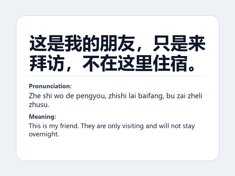 Phrase card: 这是我的朋友,只是来拜访,不在这里住宿。 (Zhe shi wo de pengyou, zhishi lai baifang, bu zai zheli zhusu.) - This is my friend. They are only visiting and will not stay overnight.