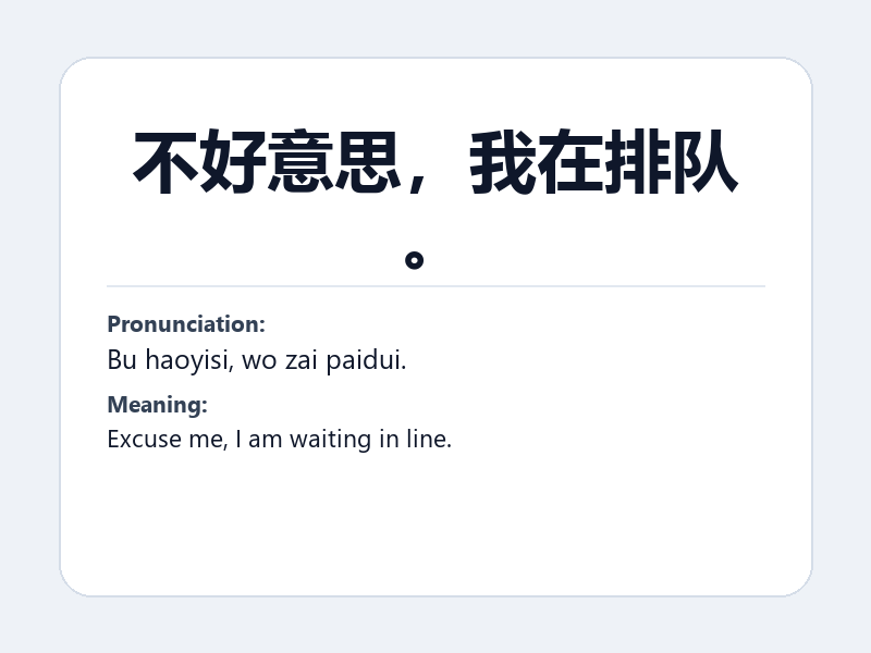 Phrase card: 不好意思,我在排队。 (Bu haoyisi, wo zai paidui.) - Excuse me, I am waiting in line.