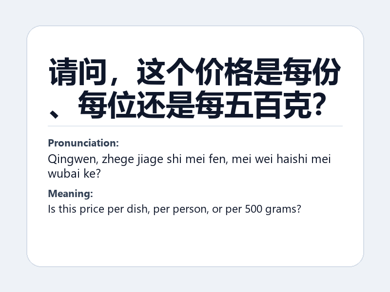 Phrase card: 请问,这个价格是每份、每位还是每五百克? (Qingwen, zhege jiage shi mei fen, mei wei haishi mei wubai ke?) - Is this price per dish, per person, or per 500 grams?