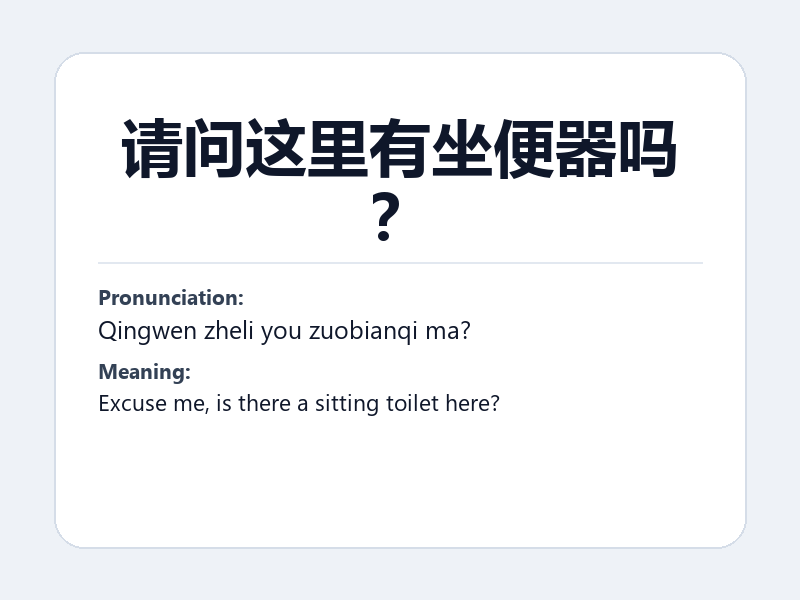 Phrase card: 请问这里有坐便器吗? (Qingwen zheli you zuobianqi ma?) - Excuse me, is there a sitting toilet here?