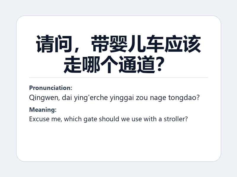 Phrase card: 请问,带婴儿车应该走哪个通道? (Qingwen, dai ying'erche yinggai zou nage tongdao?) - Excuse me, which gate should we use with a stroller?