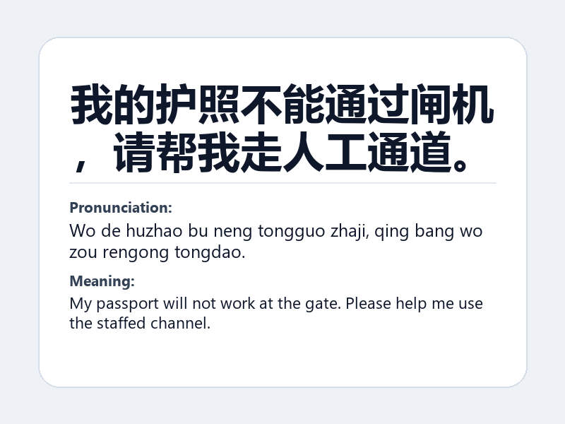 Phrase card: 我的护照不能通过闸机,请帮我走人工通道。 (Wo de huzhao bu neng tongguo zhaji, qing bang wo zou rengong tongdao.) - My passport will not work at the gate. Please help me use the staffed channel.