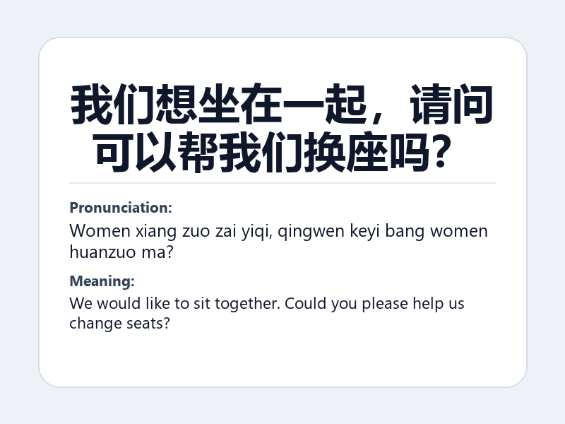 Phrase card: 我们想坐在一起,请问可以帮我们换座吗? (Women xiang zuo zai yiqi, qingwen keyi bang women huanzuo ma?) - We would like to sit together. Could you please help us change seats?