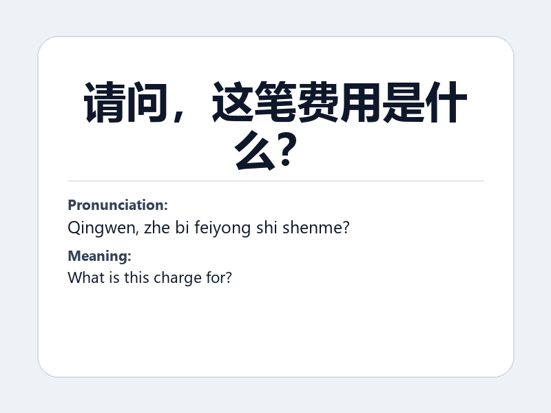 Phrase card: 请问,这笔费用是什么? (Qingwen, zhe bi feiyong shi shenme?) - What is this charge for?